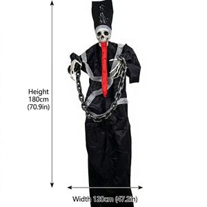 Esqueleto Fantasma Colgante de Halloween de 180 cm (6 pies) de Tamaño Real, con Túnica Negra y Cadenas de Lengua Roja, Decoración para Casa Encantada - Product Image 1