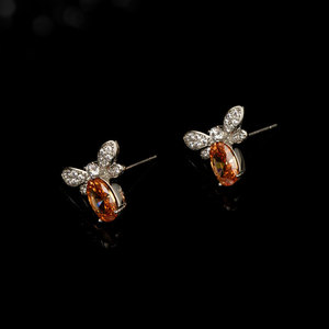 Insect <b>Bee</b> Stud Earrings With Orange Gem And Diamond Wings 14k Gold Post <b>Gift</b> Jewelry - Product Image 1