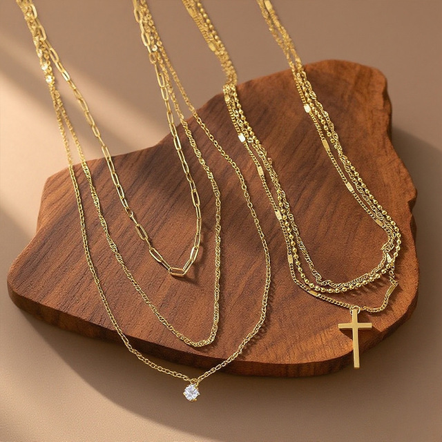 Wholesale Stainless Steel 18K Gold Plated Cross Pendant Three Layer Cuban Chain Zircon Necklace for Women Jewelry Making