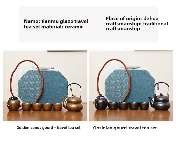 Juego de té de viaje con calabaza dorada, bolsa y bandeja de té incluidas