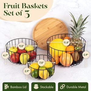 Three Piece Iron And Bamboo Fruit <b>Basket</b> Set Round Stackable Kitchen <b>Storage</b> With Lid <b>Large</b> Capacity For Fruits Vegetables - Product Image 3