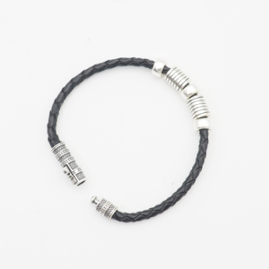 Acquista bracciale in vera pelle bracciale a fascia singola con perline in argento lucido - Product Image 3