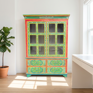 Antique Look Reclaimed Recycled Mango Wood <b>Green</b> Hand Painted Wardrobe Almirah <b>Cabinet</b> with Glass Fitted For Living Room Hotel - Product Image 1