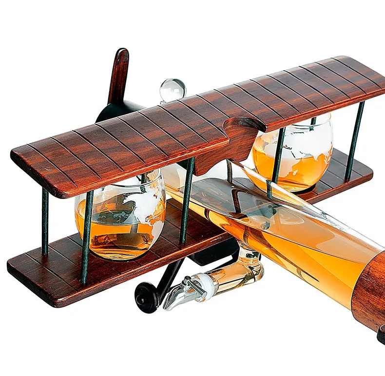 1000ml Nuevo diseño Vidrio de borosilicato Personalizado Madera antigua Whisky Decantador Avión Juego de regalo
