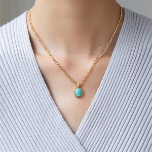 Popular <b>Titanium</b> Steel Mint Green Oval Natural Stone Turquoise Pendant Necklace for Women - Product Image 6