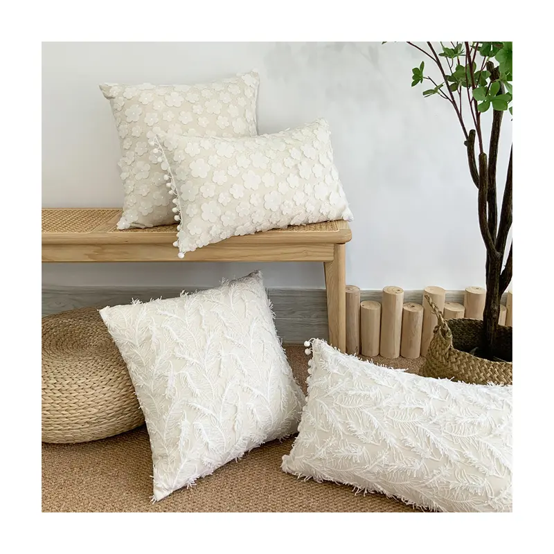 Queeneo French Luxury 3D Lace Embroidery Pillow Cotton Linen Embossed Butterfly Feather Sofa Cushion Covers for Home Hotel Use