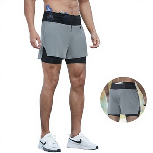 Shorts de course à pied sportifs pour hommes, taille haute, couleur unie, double couche, avec faux cordon de serrage, pour l'été, l'extérieur, le marathon, le fitness et le basketball - Product Image 2