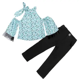 New cute latest fashion high quality cheap floral upper set boutique long sleeve summer children kids clothing for teenage girl