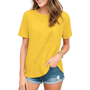 Camiseta personalizada de verano de manga corta con cuello redondo para mujer, camiseta informal de Color sólido de punto para mujer - Product Image 4