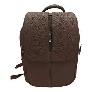 Mochila Fana Letizia de Cuero Vacuno Color Chocolate, 5L, Diseño Floral Grabado, Bolsa de Viaje Unisex para Adultos - Product Image 1