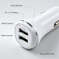 Mini Cargador de Coche Blanco de ABS con Doble Puerto y Corriente Separada, 12-24V, Cargador Universal para Teléfono Móvil, Suministro al por Mayor