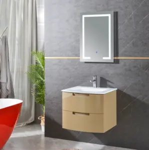Kavisli ön kapı PVC küçük banyo banyo lavabosu cam lavabo tezgah üstü banyo mobilyası Vanity