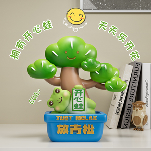 Décorations de bureau en forme de grenouille heureuse en pin, cadeau anti-stress et relaxant - Product Image 1