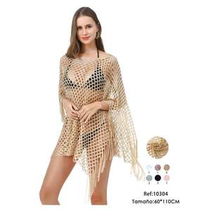 Cubrecuerpo de malla con flecos beige 60x110cm para traje de baño - Product Image 1