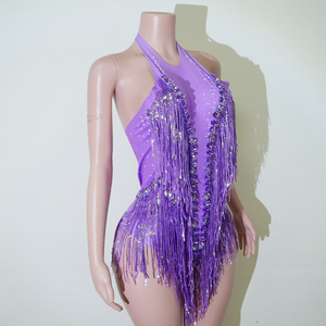 Justaucorps de scène pour femme adulte en spandex violet électrique, orné de strass et de franges, pour danse de salon, idéal pour diva de scène, appliqué à la main - Product Image 3