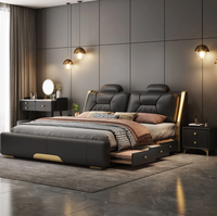 Lit double en bois réglable au design luxueux avec revêtement en cuir, cadre de lit plateforme moderne avec rangement, taille Queen