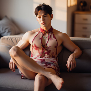 Men's sexy lingerie, red butterfly embroidered sheer cheongsam bodysuit, abstinence-style flirtatious sleepwear, open crotch, - Product Image 2