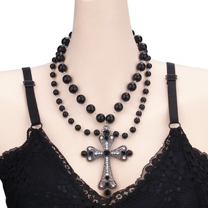 Fashion Layered Imitation Pearl <b>Cross</b> Necklace Black Geometric Alloy Clavicle <b>Chain</b> Multi Strand Statement Jewelry - Product Image 1