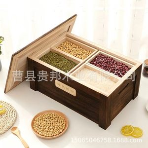Caja de almacenamiento de madera maciza con compartimentos para arroz y cereales de cocina, tapa rectangular de madera, varios tamaños - Product Image 4
