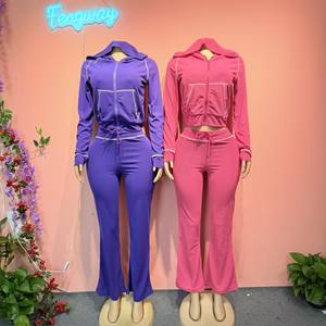 Tuta da donna in maglia Waffle 2 pezzi Set top Crop personalizzati pantaloni lunghi con cappuccio Set Set da Jogger in due pezzi - Product Image 1