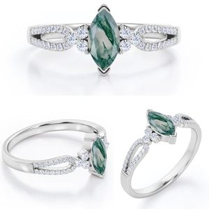 925 <b>Sterling</b> <b>Silver</b> Marquise Cut Engagement <b>Ring</b> with Moss Agate Double Shank Engraved Design Prong <b>Set</b> Luxury Style - Product Image 1
