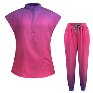 Wholesale Women's Dental <strong>Clinic</strong> Doctors Surgery Care <strong>Uniform</strong> Stretch Gradient Color Stand Collar Cartoon Nursing Scrubs Nurses - Product Image 1