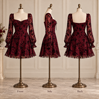Robe mini personnalisée pour femme en maille transparente à motif floral floqué, col cœur, manches longues bouffantes, ourlet à volants, coupe trapèze