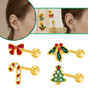 Pendientes de acero inoxidable con diseño de lazo de árbol de Navidad, bastón de caramelo y acebo, joyería para el cartílago de la oreja, accesorios de moda para fiestas - Product Image 1