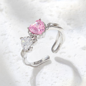 Double Heart Open Ring Pink White Color <b>Block</b> Adjustable Index Finger Ring Prong Setting Luxury Jewelry Gift - Product Image 4