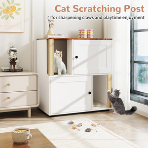 Mueble de Madera de Doble Capa con Poste Rascador para Gatos, Mueble Multifuncional para Sala de Estar Interior - Product Image 5