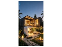 Villa Kontainer Dua Lantai Mewah Modern Ramah Lingkungan Dinding Lengkung Gelap Pelapis Baja Balkon Kaca Pergola Pintu Geser Tahan Air