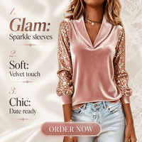 Vente en gros directe usine OEM & ODM – Nouveauté Automne/Hiver : T-shirt en velours à col en V avec patchwork de sequins et manches longues