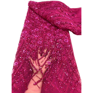Hot Pink Sequin Dress Fabric - 3D Floral Beaded Mesh