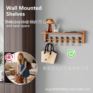 Memory Wooden Wall Rack With <b>Hooks</b> And <b>Shelf</b> For Clothes Hats Bags Glasses Keys Front Door Storage Organizer - Product Image 3
