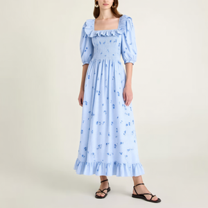 Abito Midi Personalizzato OEM da Donna, Blu Chiaro a Quadretti Floreali, Collo Quadrato, Maniche a Sbuffo, Corpetto Smock, Orlo con Volant, per Resort Estivi - Product Image 3