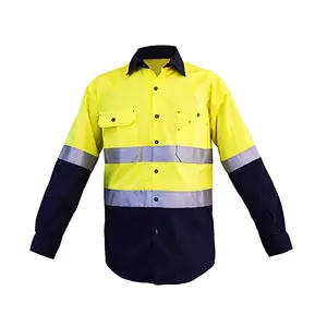 OEM Custom logo High Visibility Workwear Reflective Yellow / Navy High Visibility tw tone Cotton Hi Vis Work Shirt