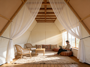 Tente de glamping écologique intelligente à énergie solaire à double couche pour les quatre saisons, conception modulaire, <span class=keywords><strong>camping</strong></span> familial, stations de villégiature, UV MeiSu - Product Image 5
