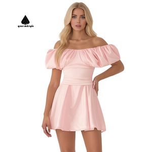 <span class=keywords><strong>Vestido</strong></span> Mini Elegante Casual de Verano para Mujer, Diseño Personalizado Green Dimple, con Mangas Cortas Abullonadas y Corte en A - Product Image 2