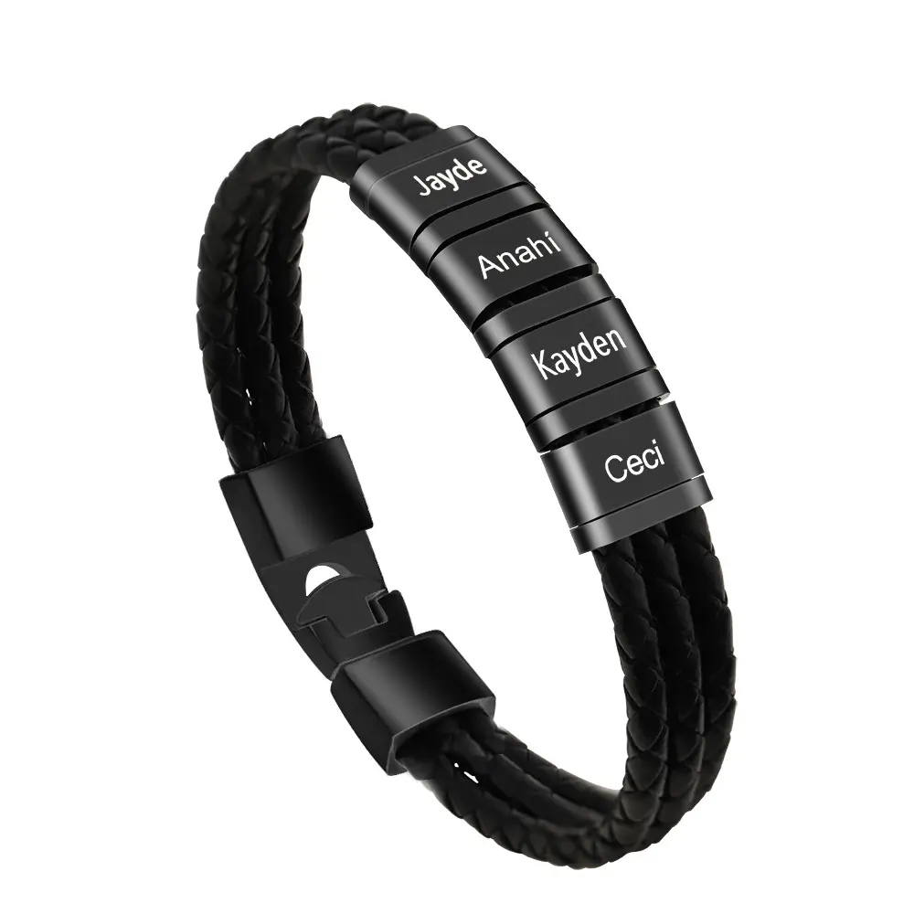 Bracciale marrone con perline con nome inciso personalizzato in acciaio inossidabile per gioielli da uomo bracciale in pelle da uomo nero con tessuto personalizzato