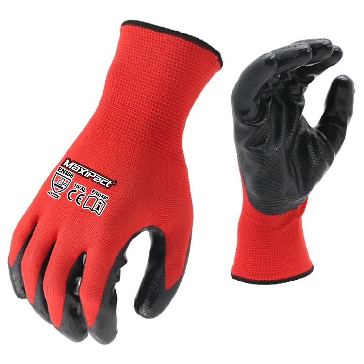 MaxiPact Maximum Flexible Factory Direct Supply Smoot Red Nitrile Gloves 13Gauge Polyester Glove