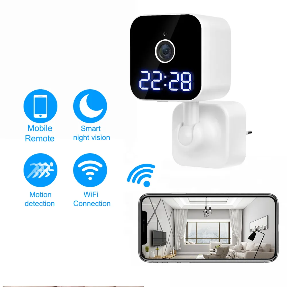 V380 3MP Audio Dua Arah Ir Mini Cctv Kamera Keamanan Bayi Plug Langsung Audio Nirkabel Smart PLUG Jam Kamera dengan Jam