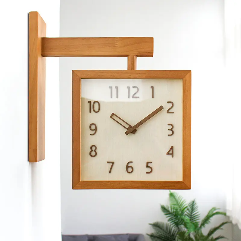 Home decor natural luxury custom wooden wall clocks for living room square silent 3D wood number clocks