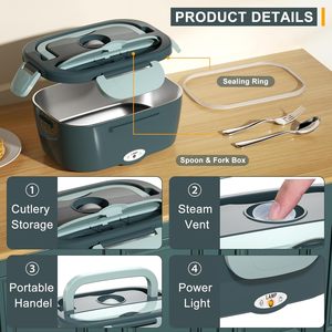 1.5L Leakproof Electric <b>Lunch</b> Box for Adults Men, 80W Fast Heating Stainless Steel Container Food Warmer with Bag Fork Spoon - Product Image 2