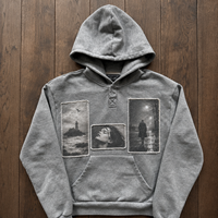 Hoodie Pria Label Pribadi Bahan French Terry Dicuci, Logo Kustom, Patch Foto, Aplikasi Kancing, Kerah Retro, Pakaian Streetwear, Pabrik Garmen