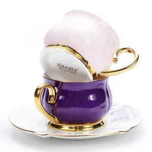 cup 90ml Suppliers-Concentrate 90ml Coffee Tea Cups With Pink And Purple Elegance Flowers Decal Porcelain Coffee Tea Cup And Saucer Vintage Tea Cup