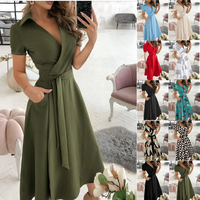 Robe Imprimée S-XXL Femme Col V Sexy Manche Chauve-Souris Volant Fleurs Imprimé Bohème Robe de Plage Décontractée pour Vacances d'Été