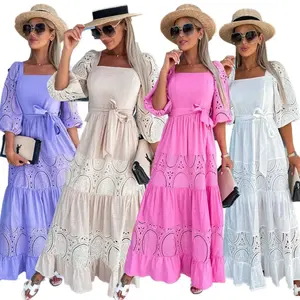 Mulheres meio sopro manga quadrada pescoço laço oco out boêmio maxi dress vintage patchwork senhora vestidos