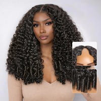 Pelucas de Cabello Humano Rizado Birmano con Parte en V, 180% de Densidad, con Puntas en Espiral, Sin Pegamento, con Cordón Ajustable Flexi-Fit