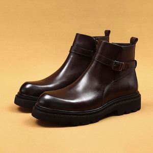 Bottes d'hiver de style britannique haut de gamme, confortables, en cuir véritable, type Chukka, pour hommes d'affaires, noires, à bout Chelsea, à enfiler - Product Image 3