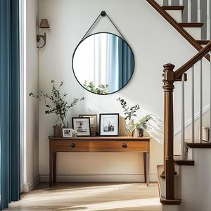 Miroir mural suspendu contemporain Artloge avec sangle, cadre rond en aluminium, 28 pouces, noir, pour salle de bain - Product Image 5